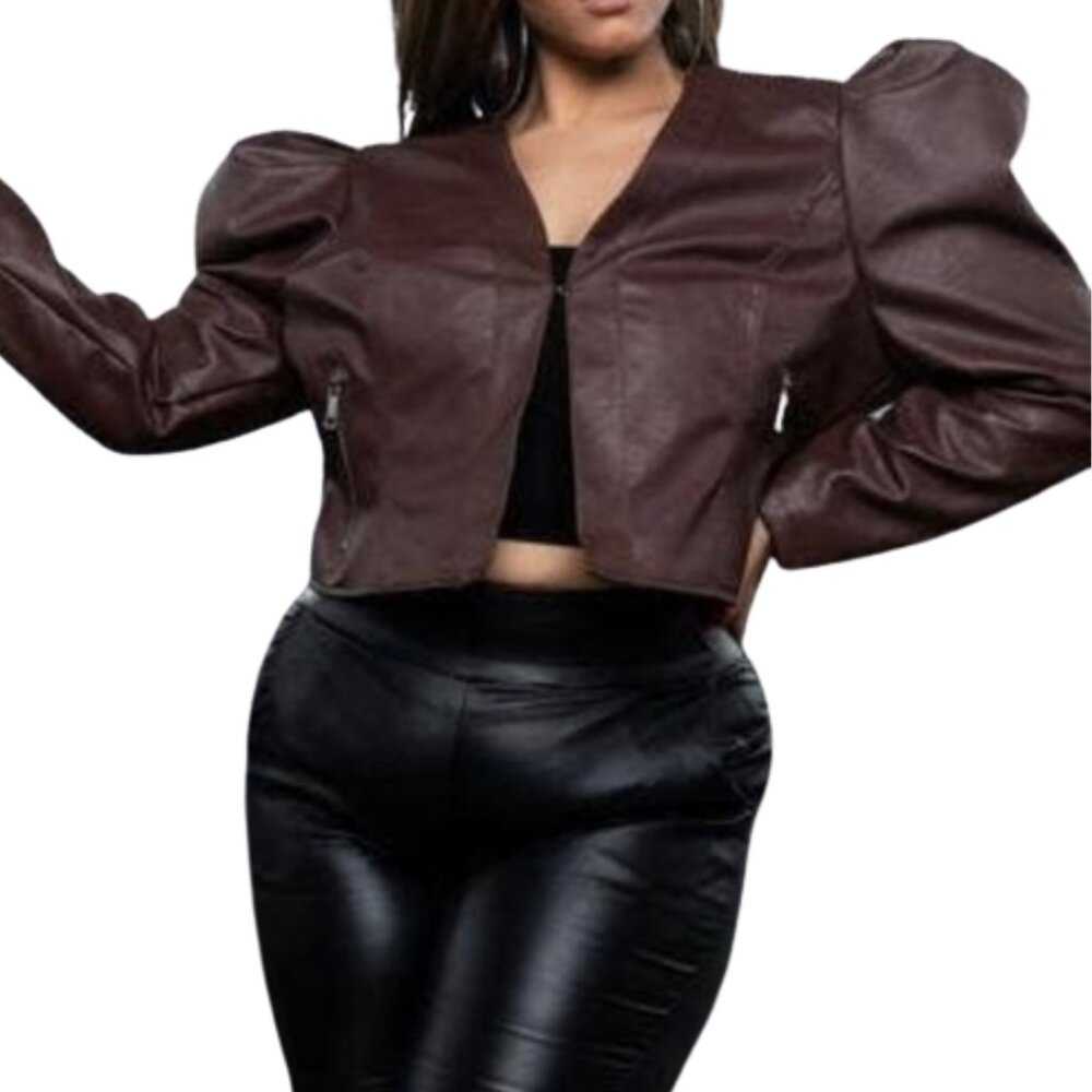 AZALEA WANG Leather Cropped Jacket Brown Statement Sleeve Large NWOT
